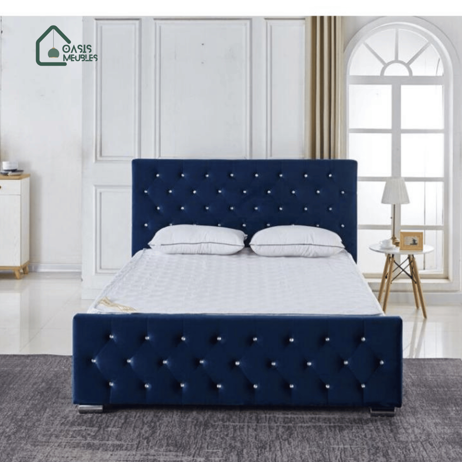 Lit Prestige Capitonne Avec Diamant Velours Bleu