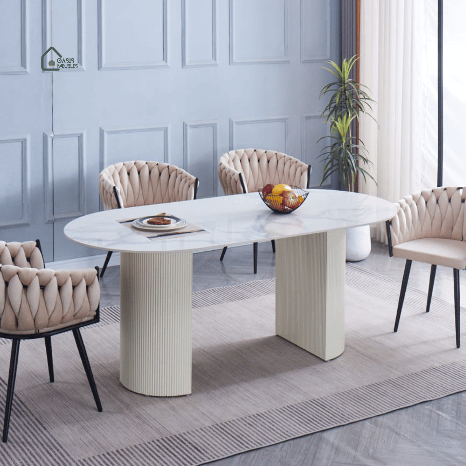 Table  A Manger Anna Pied Beige Plateau En Ceramique Marbre Blanc