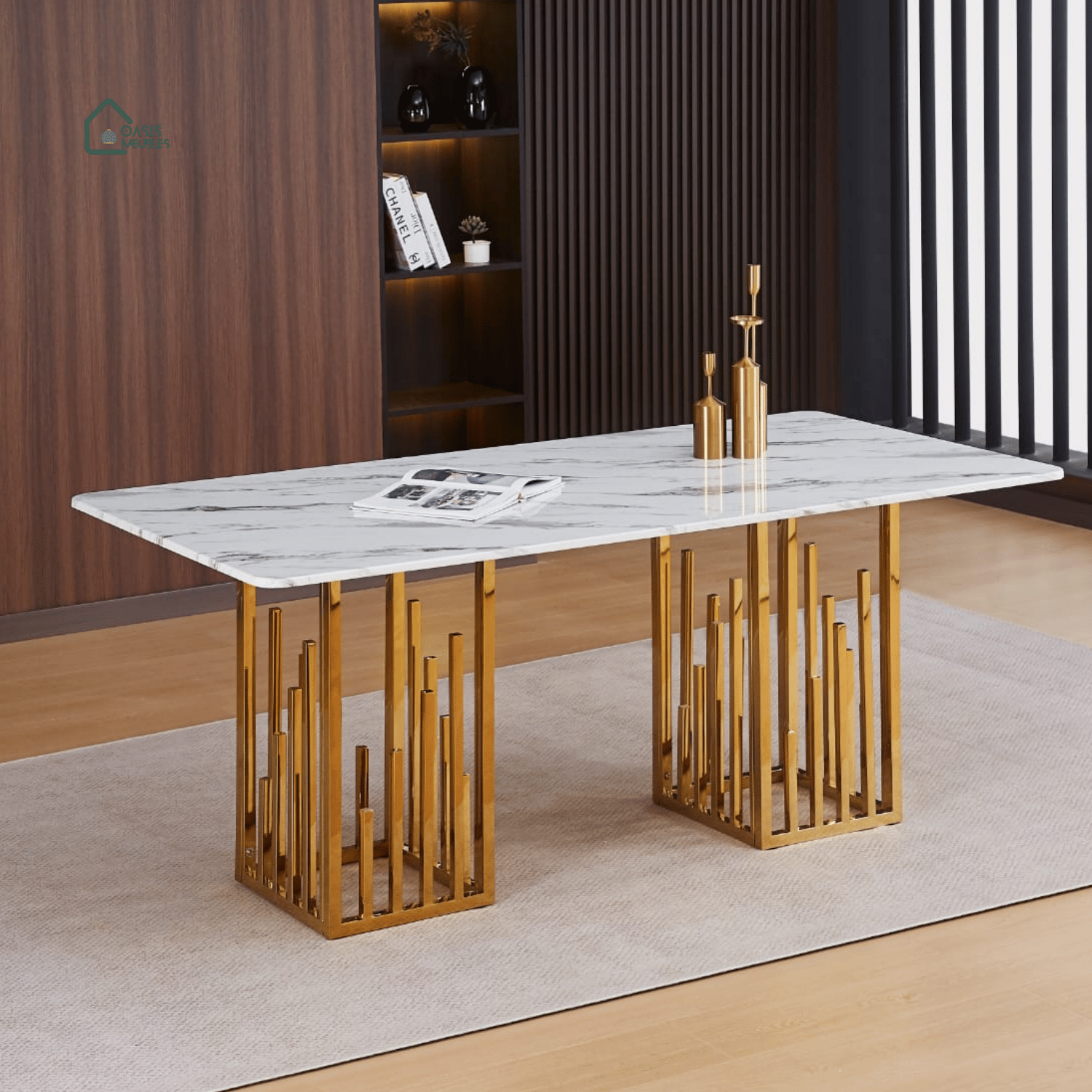 Table Repas Stalax Pied Gold Pierre Marbre Blanc