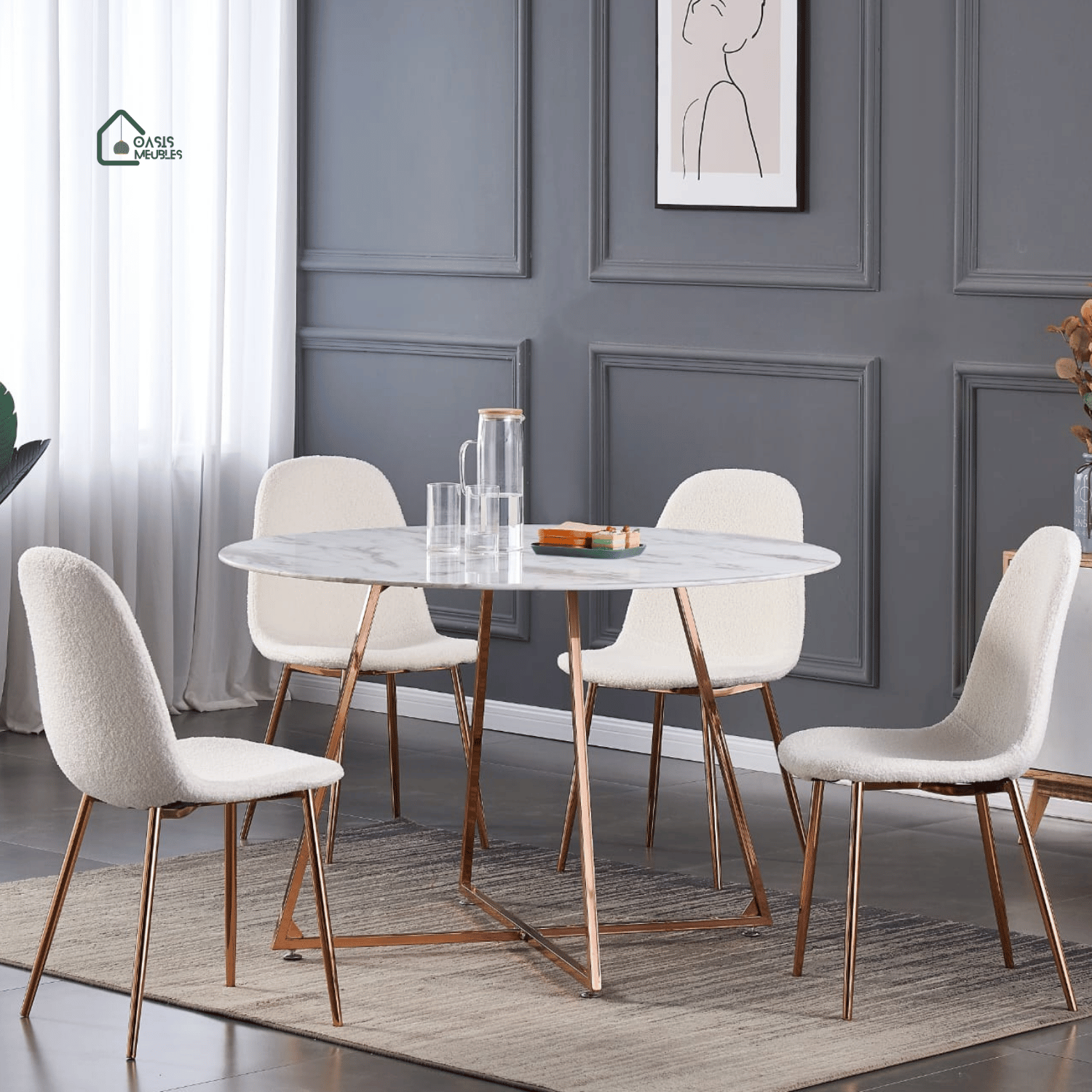 Table Repas Heloise Pied Or Rose Marbre Blanc