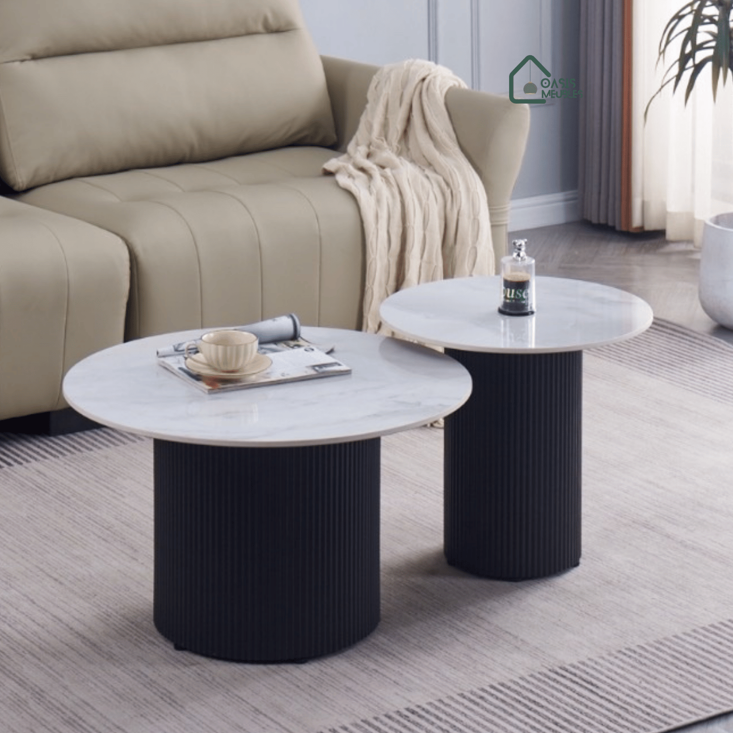 Table Basse Gigone Polpo Metal Noir Plateau Ceramique Marbre Gris